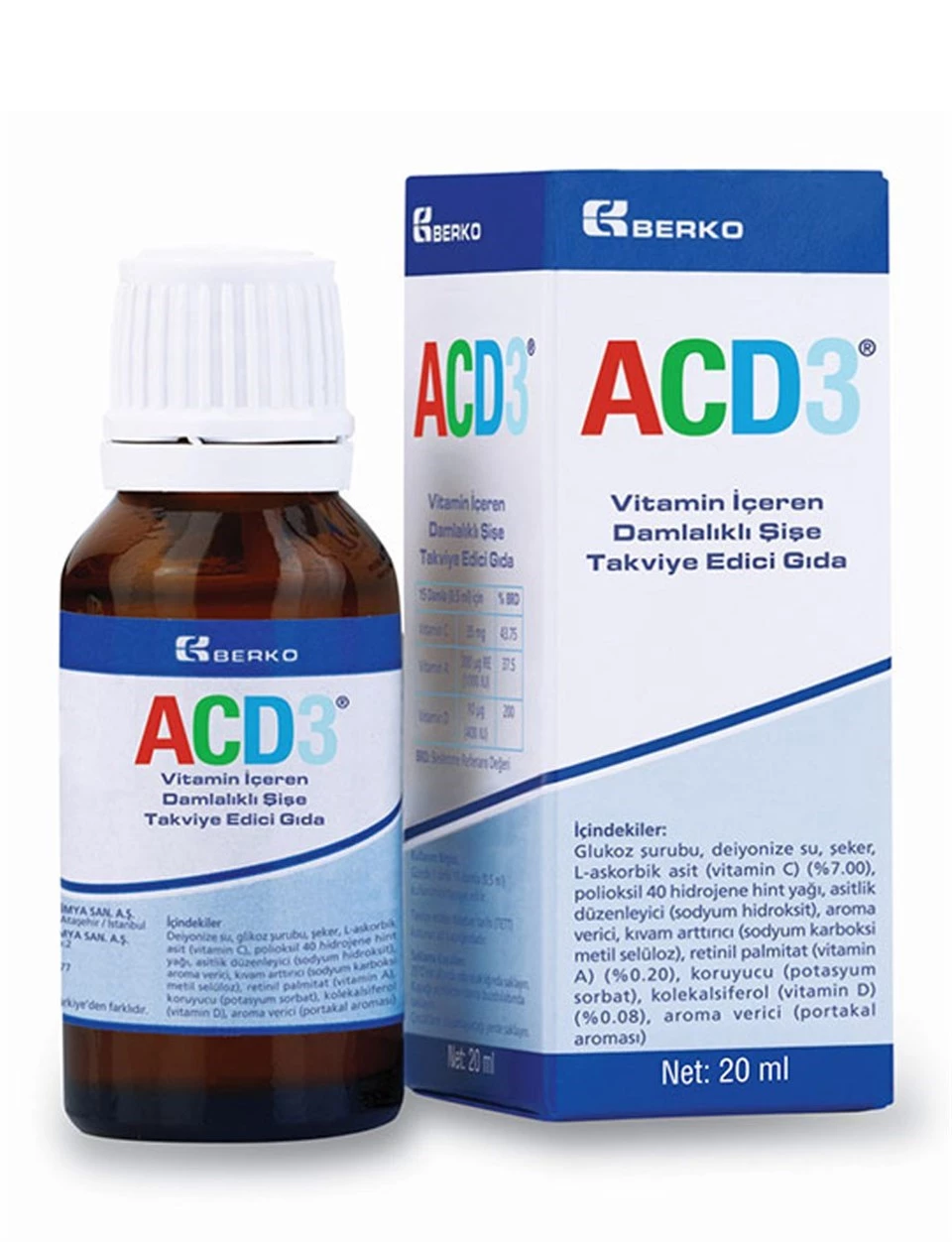 ACD3 Vitamin İçeren Damlalıklı Şişe Takviye Edici Gıda 20 ml