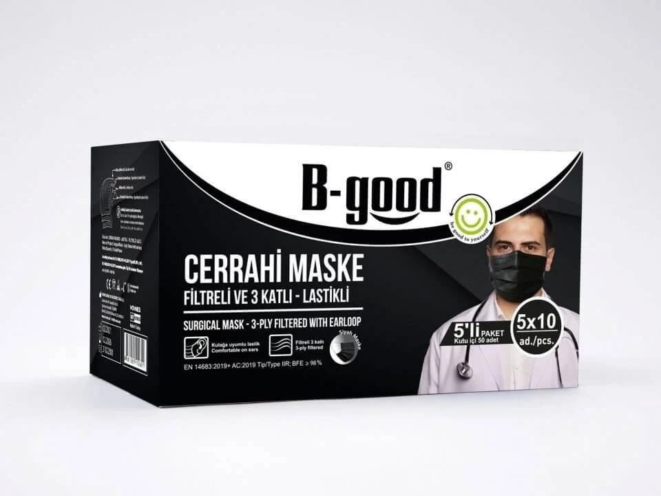 BGood Cerrahi Maske-Lastikli SİYAH 3 Kat 50 Adet